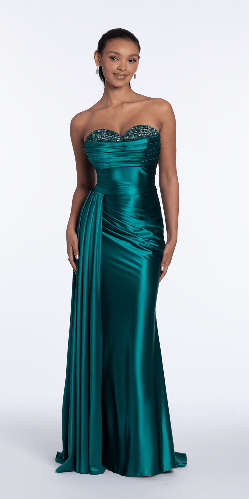 Sweetheart Sparkle Stretch Satin Column Dress with Side Drape - Camille La Vie