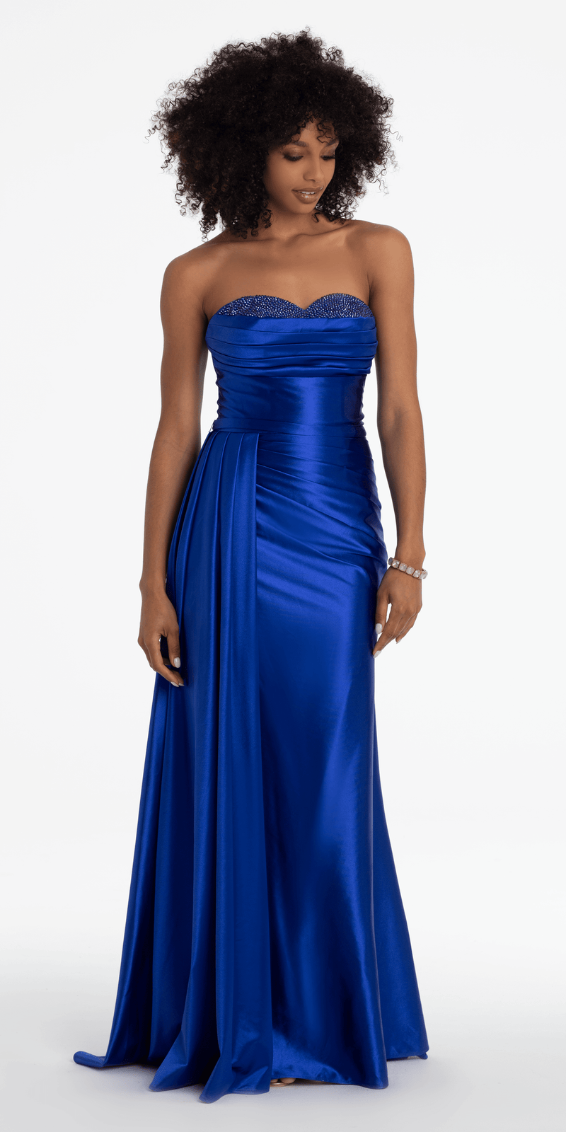 Sweetheart Sparkle Stretch Satin Column Dress with Side Drape - Camille La Vie