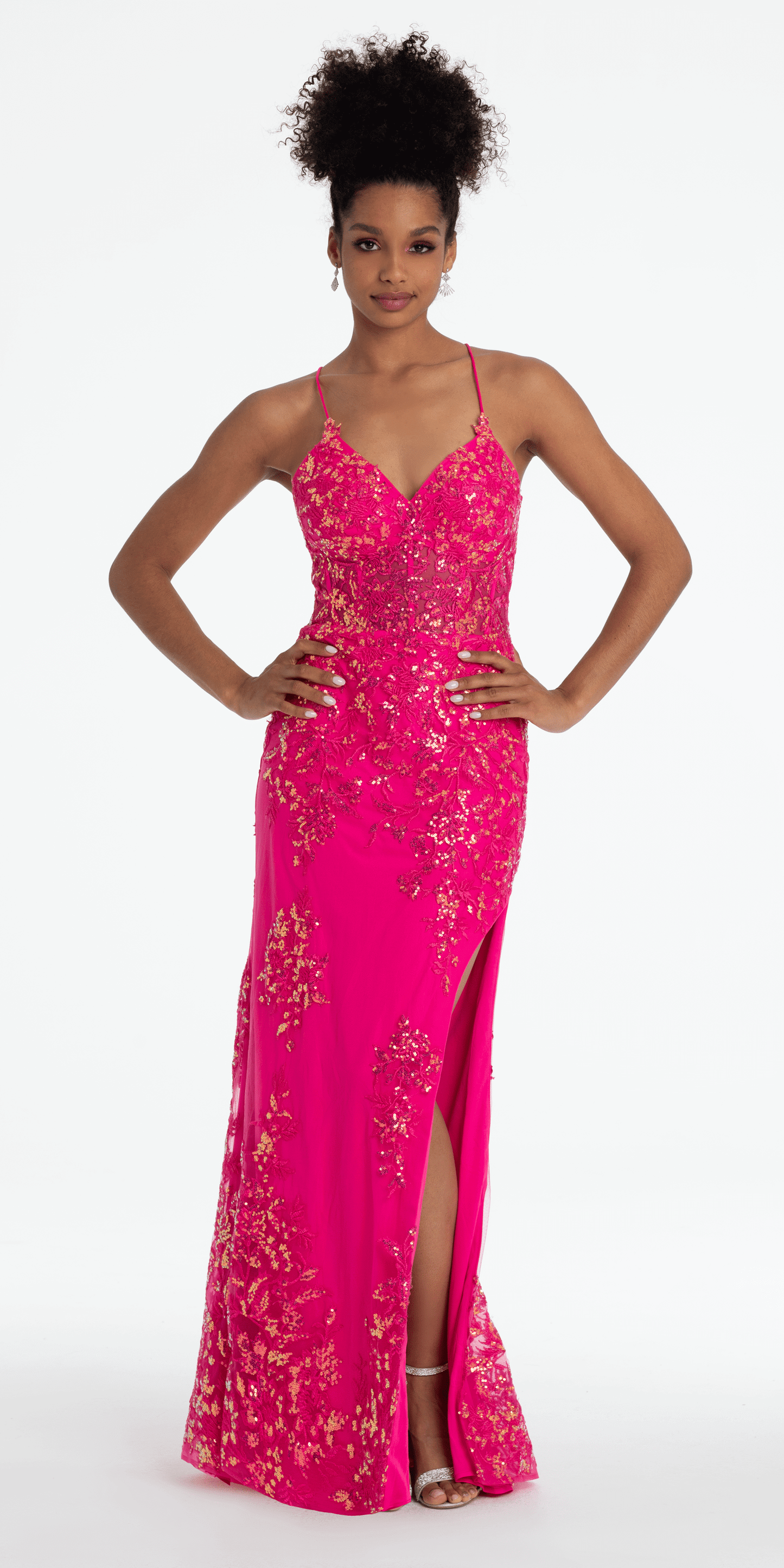 Embroidered Sequin Sweetheart Corset Column Dress with Side Slit - Camille La Vie