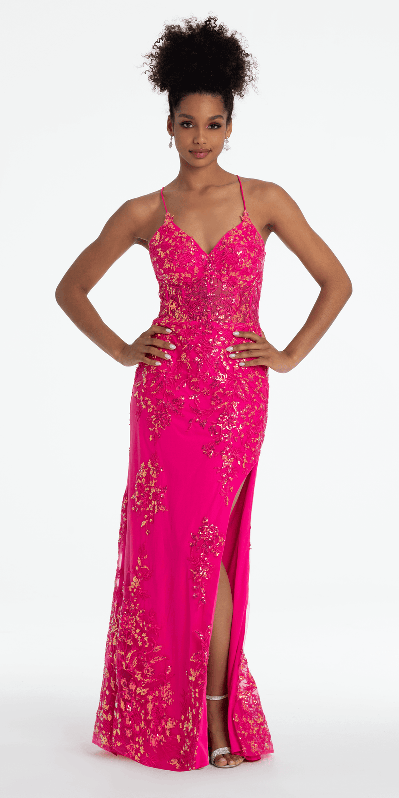 Embroidered Sequin Sweetheart Corset Column Dress with Side Slit - Camille La Vie