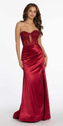 Satin Plunge Corset Column Dress with Ruching - Camille La Vie