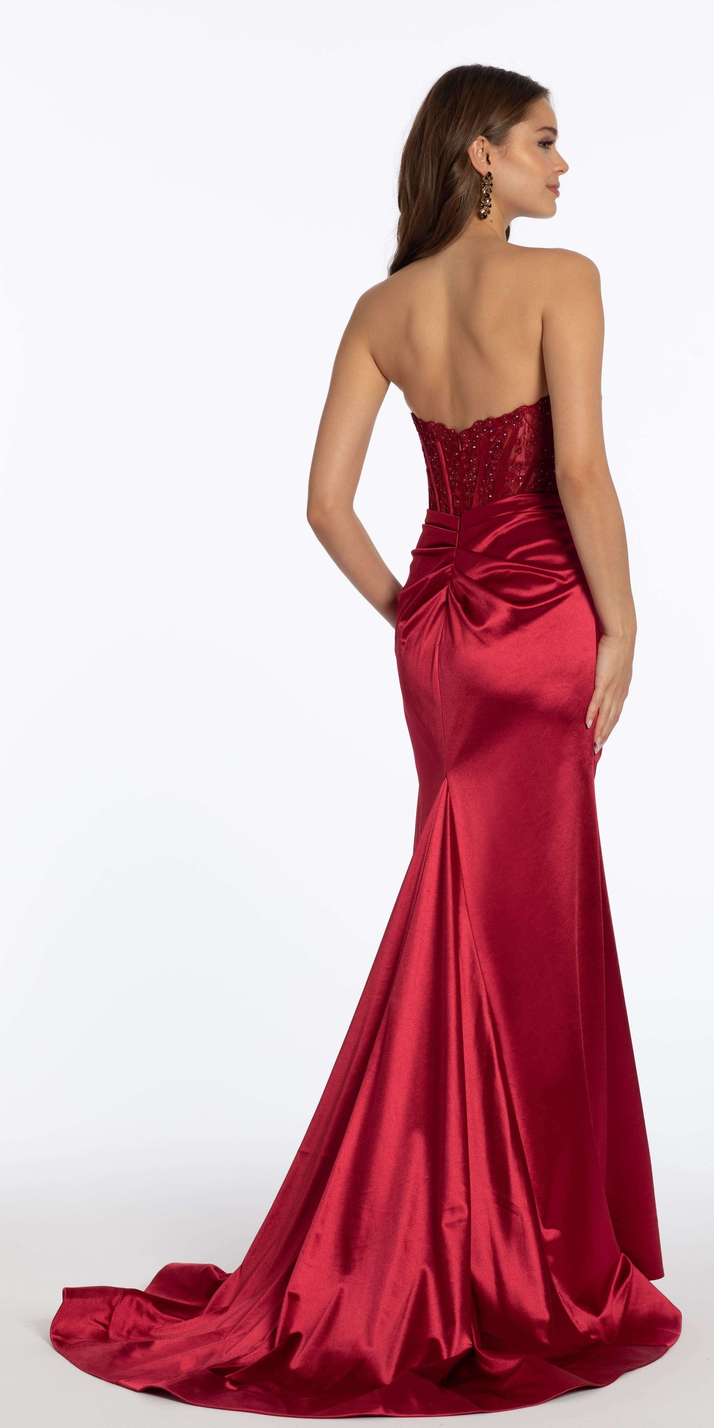 Satin Plunge Corset Column Dress with Ruching - Camille La Vie