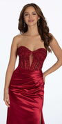 Satin Plunge Corset Column Dress with Ruching - Camille La Vie