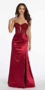 Satin Plunge Corset Column Dress with Ruching - Camille La Vie