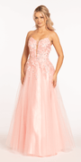 3 D Applique Glitter Mesh Plunge Lace Up Back Ballgown - Camille La Vie