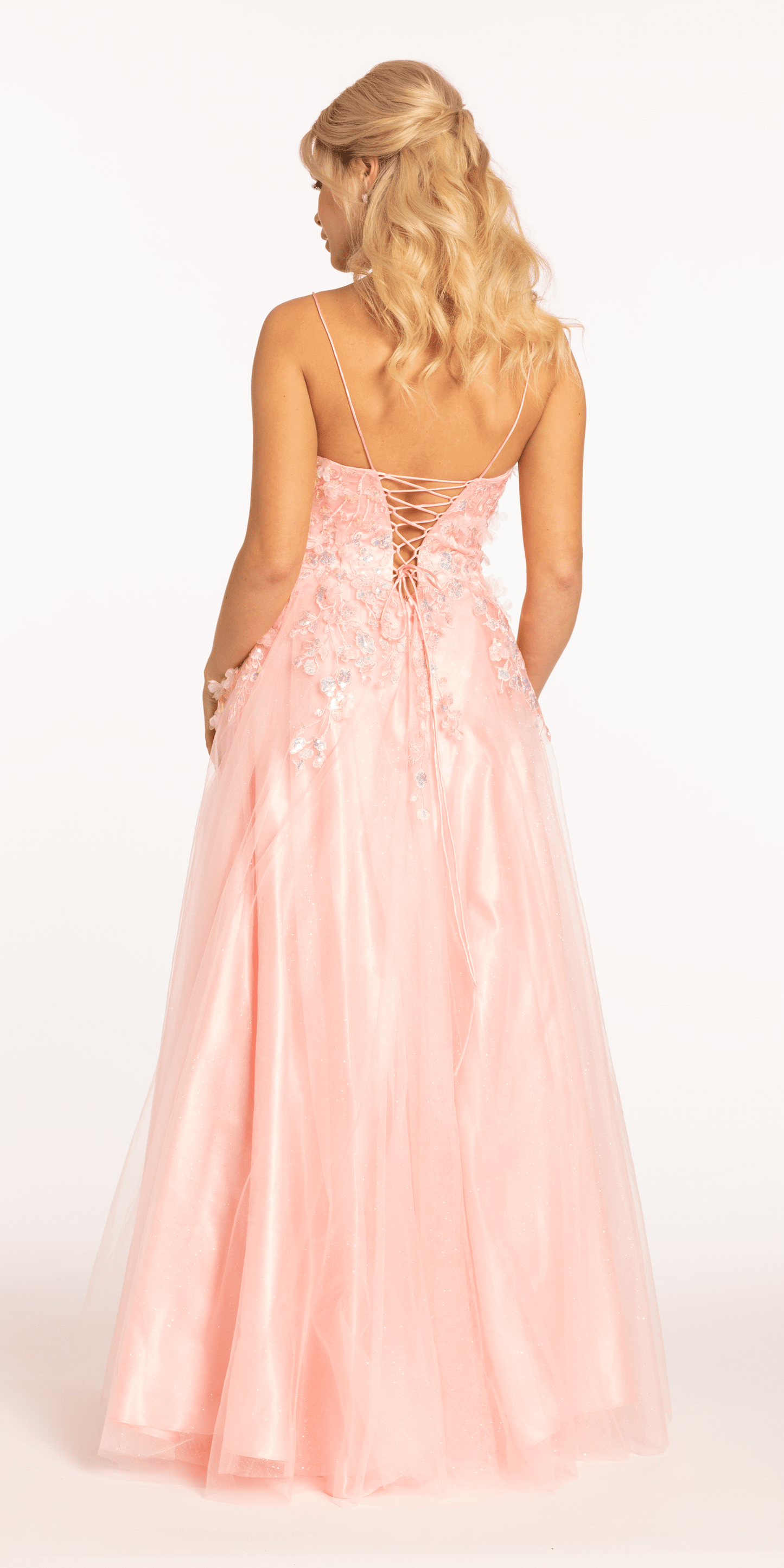3 D Applique Glitter Mesh Plunge Lace Up Back Ballgown - Camille La Vie