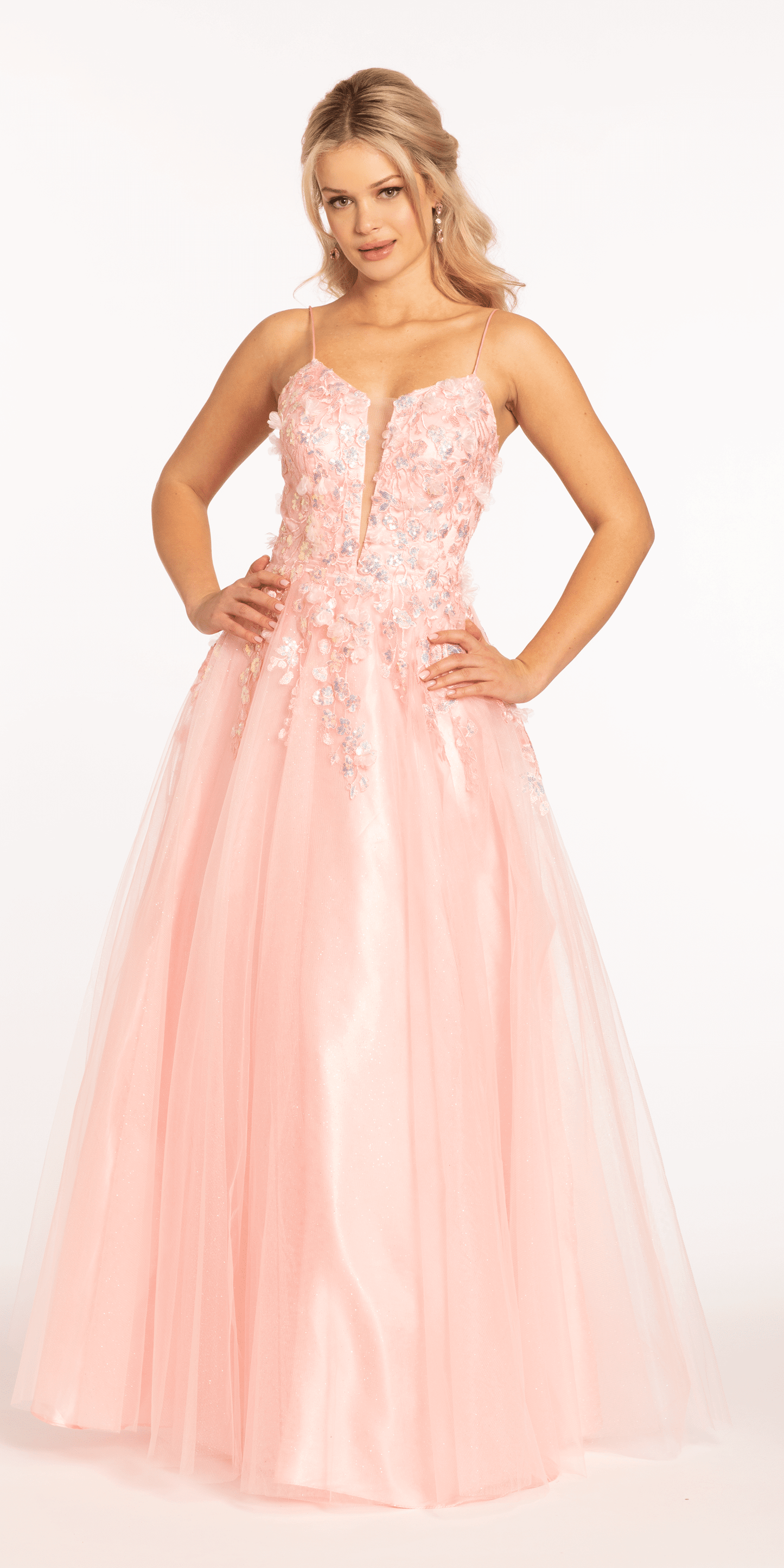 3 D Applique Glitter Mesh Plunge Lace Up Back Ballgown - Camille La Vie