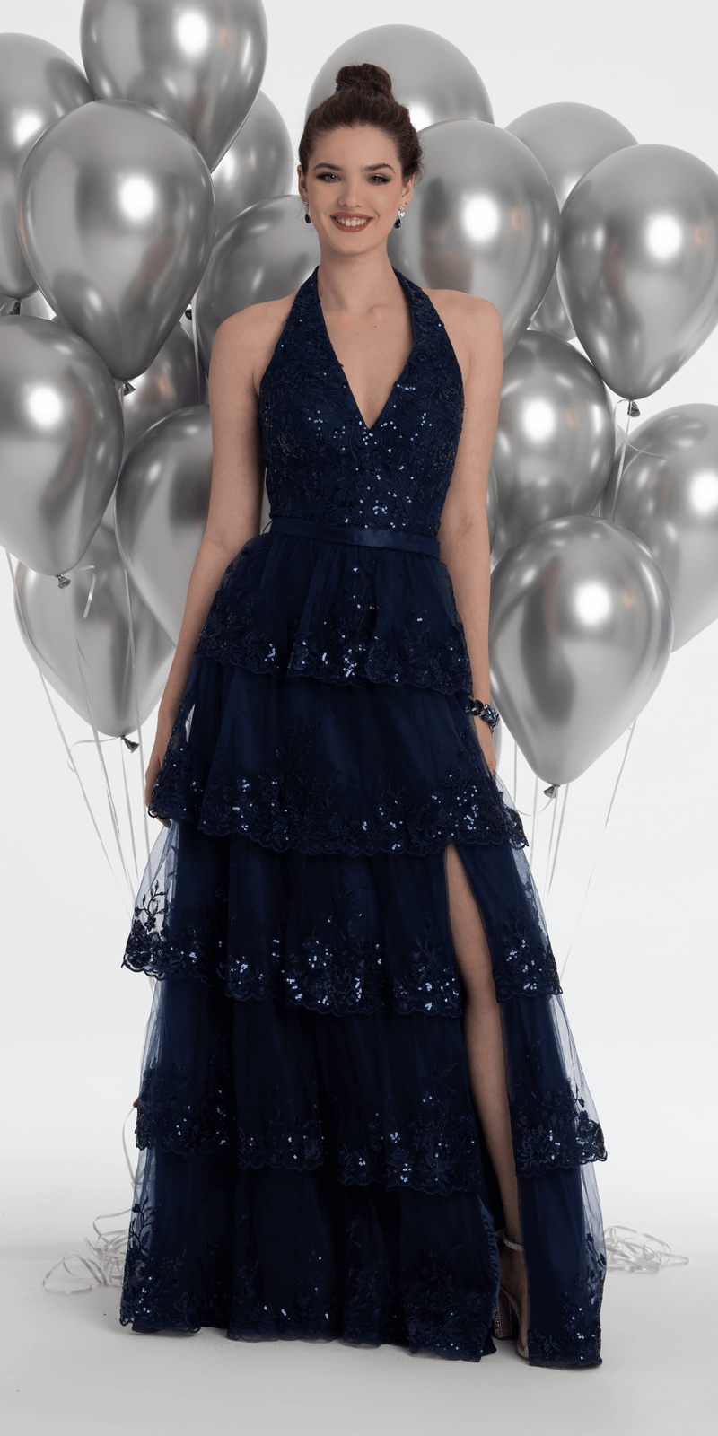 Mesh Embroidered Tiered Halter A Line Dress - Camille La Vie