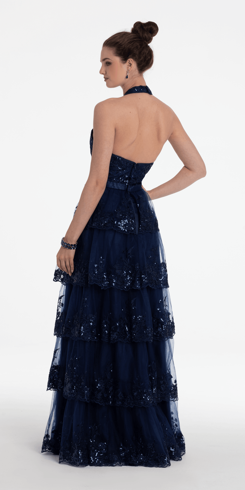 Mesh Embroidered Tiered Halter A Line Dress - Camille La Vie
