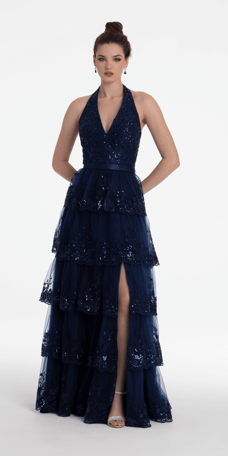 Mesh Embroidered Tiered Halter A Line Dress - Camille La Vie