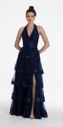 Mesh Embroidered Tiered Halter A Line Dress - Camille La Vie