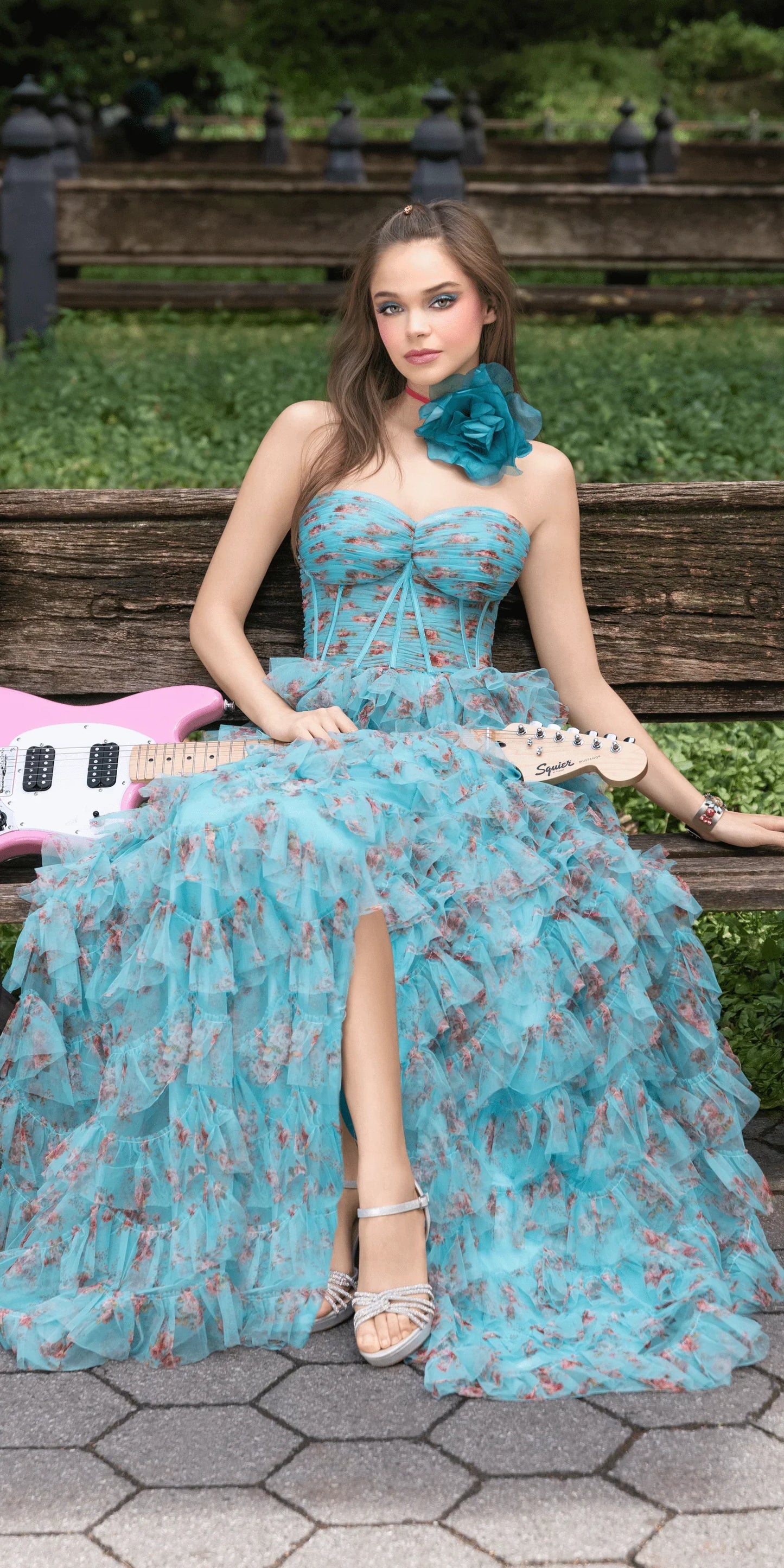 sea-green/size/4/missy/Camille La Vie/Sweetheart Ruched Print Mesh Tiered A Line Dress/lifestyle