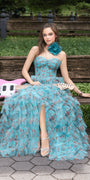 sea-green/size/4/missy/Camille La Vie/Sweetheart Ruched Print Mesh Tiered A Line Dress/lifestyle