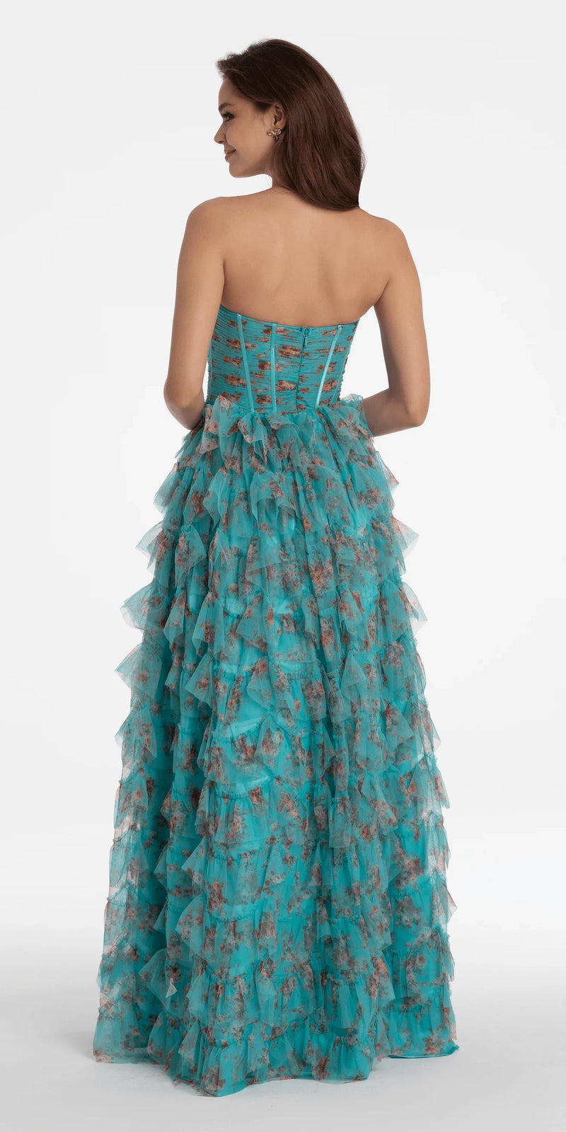sea-green/size/4/missy/Camille La Vie/Sweetheart Ruched Print Mesh Tiered A Line Dress/back