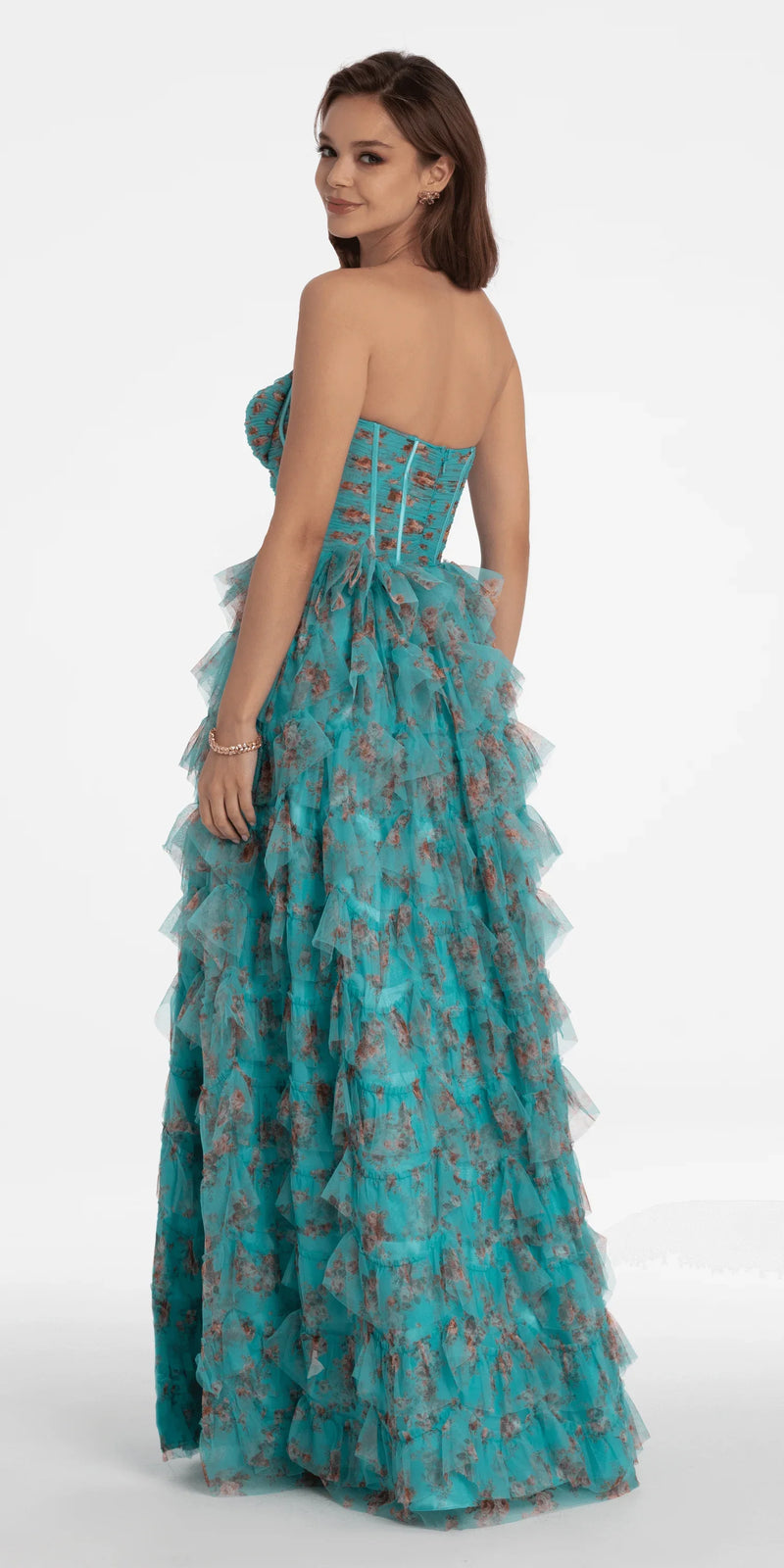 sea-green/size/4/missy/Camille La Vie/Sweetheart Ruched Print Mesh Tiered A Line Dress/alt