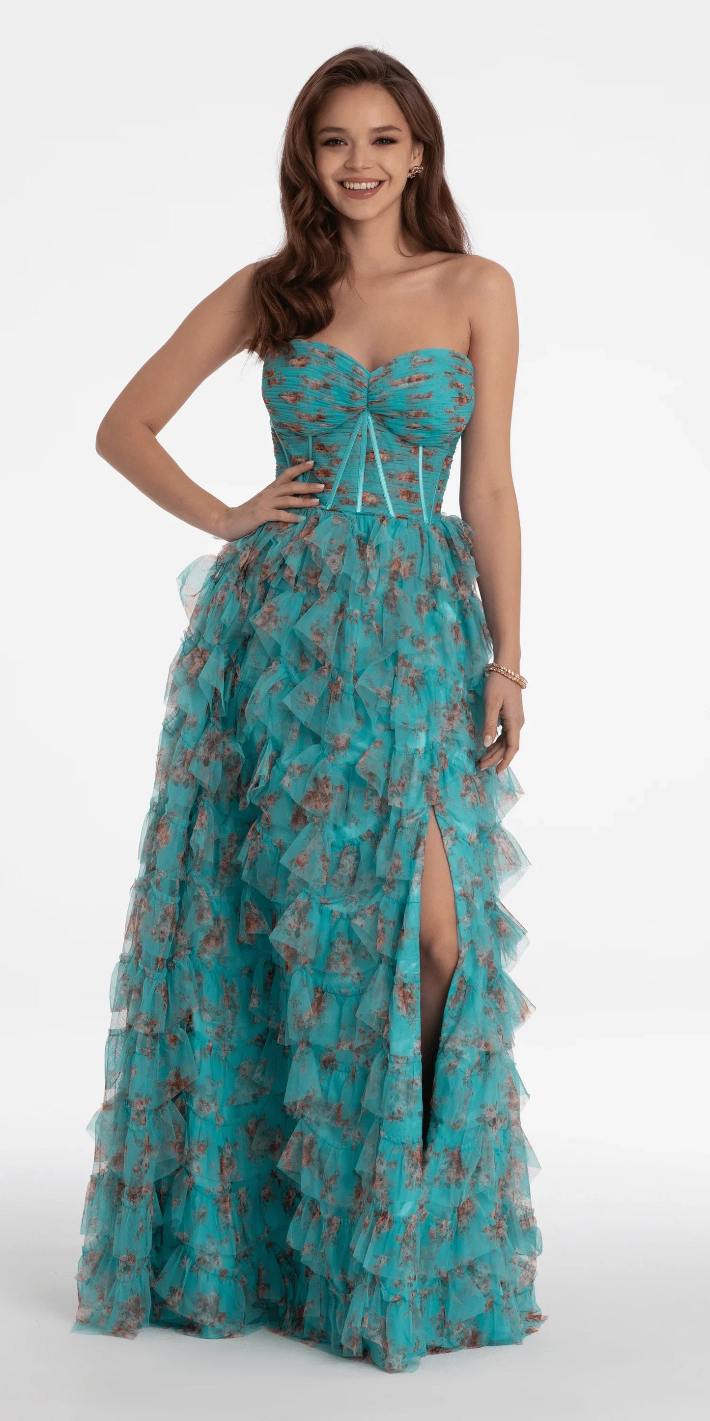 sea-green/size/4/missy/Camille La Vie/Sweetheart Ruched Print Mesh Tiered A Line Dress/front