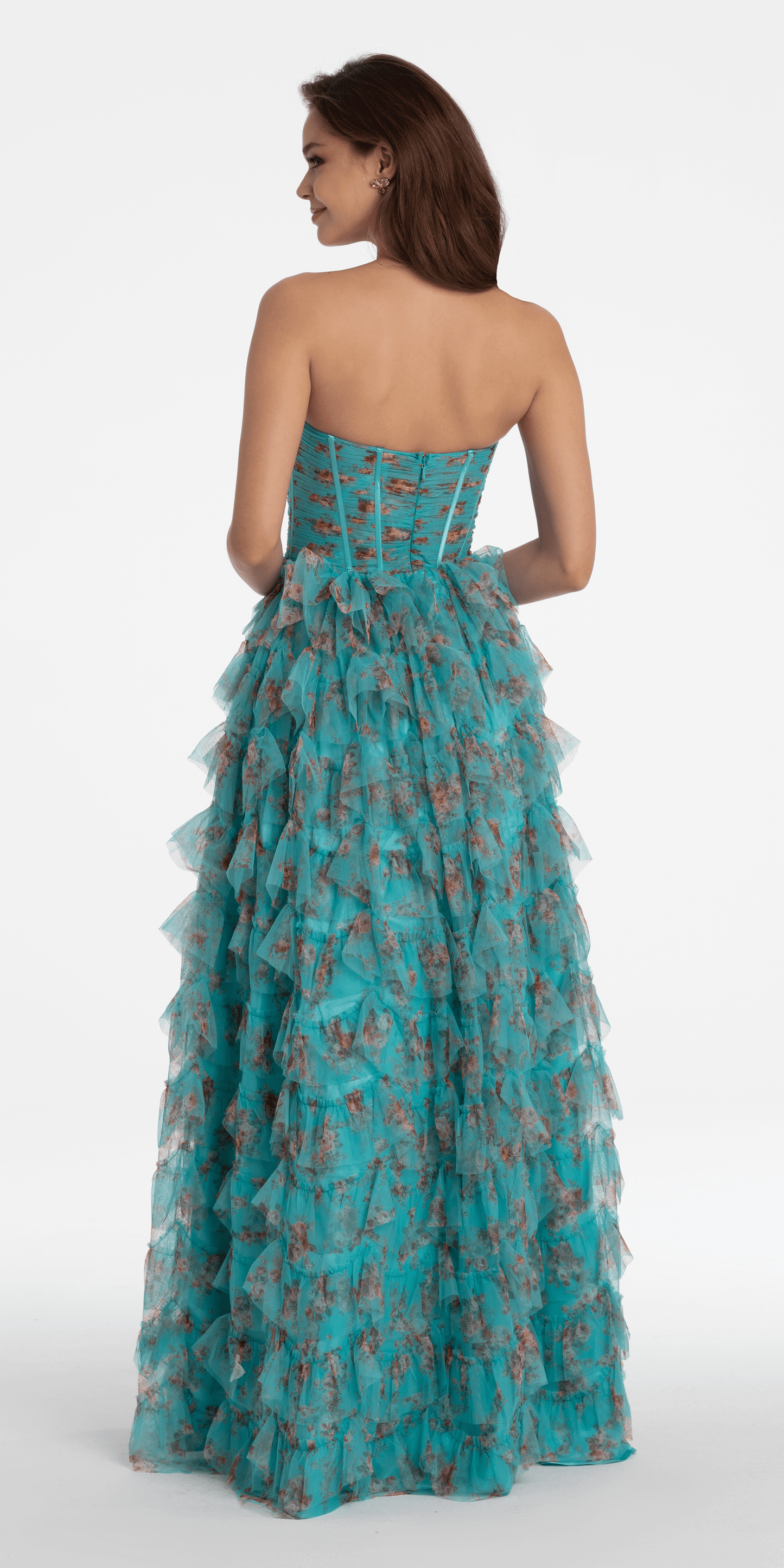 Sweetheart Ruched Print Mesh Tiered A Line Dress - Camille La Vie