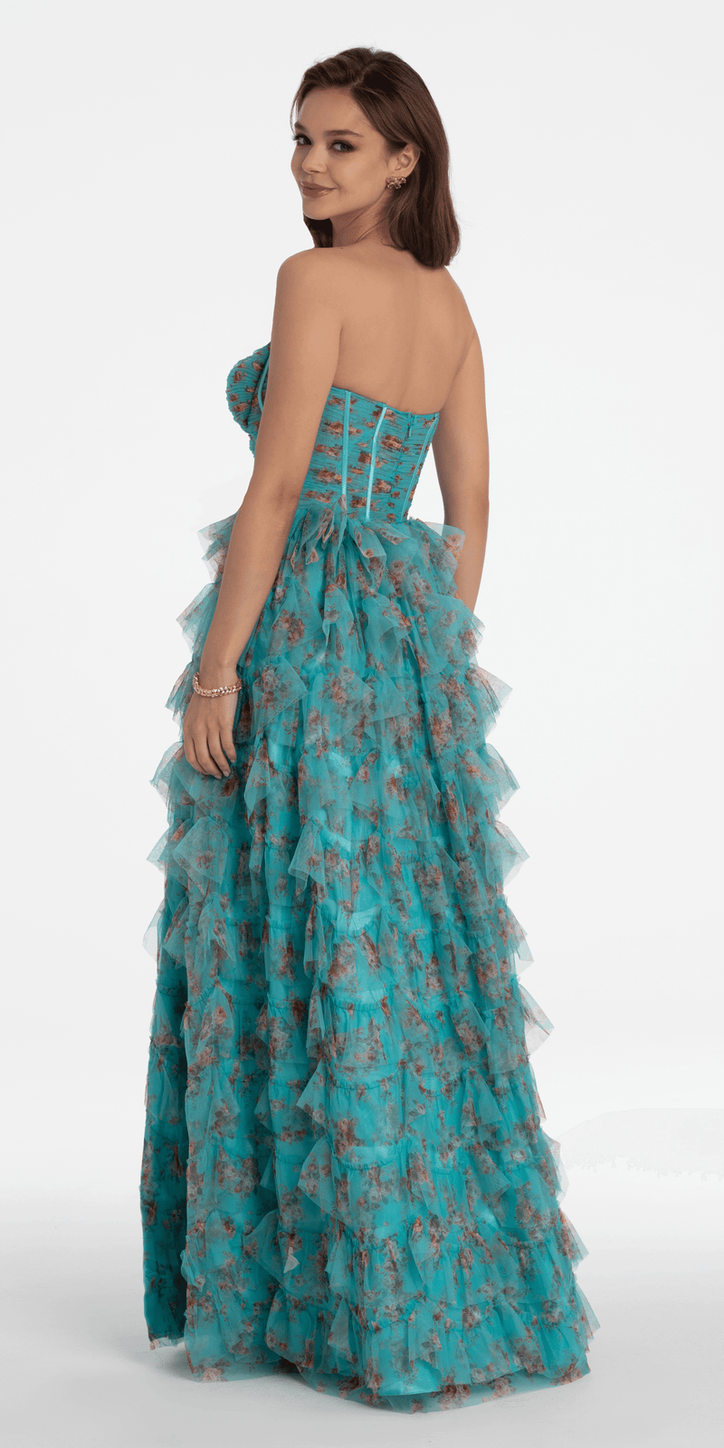 Sweetheart Ruched Print Mesh Tiered A Line Dress - Camille La Vie