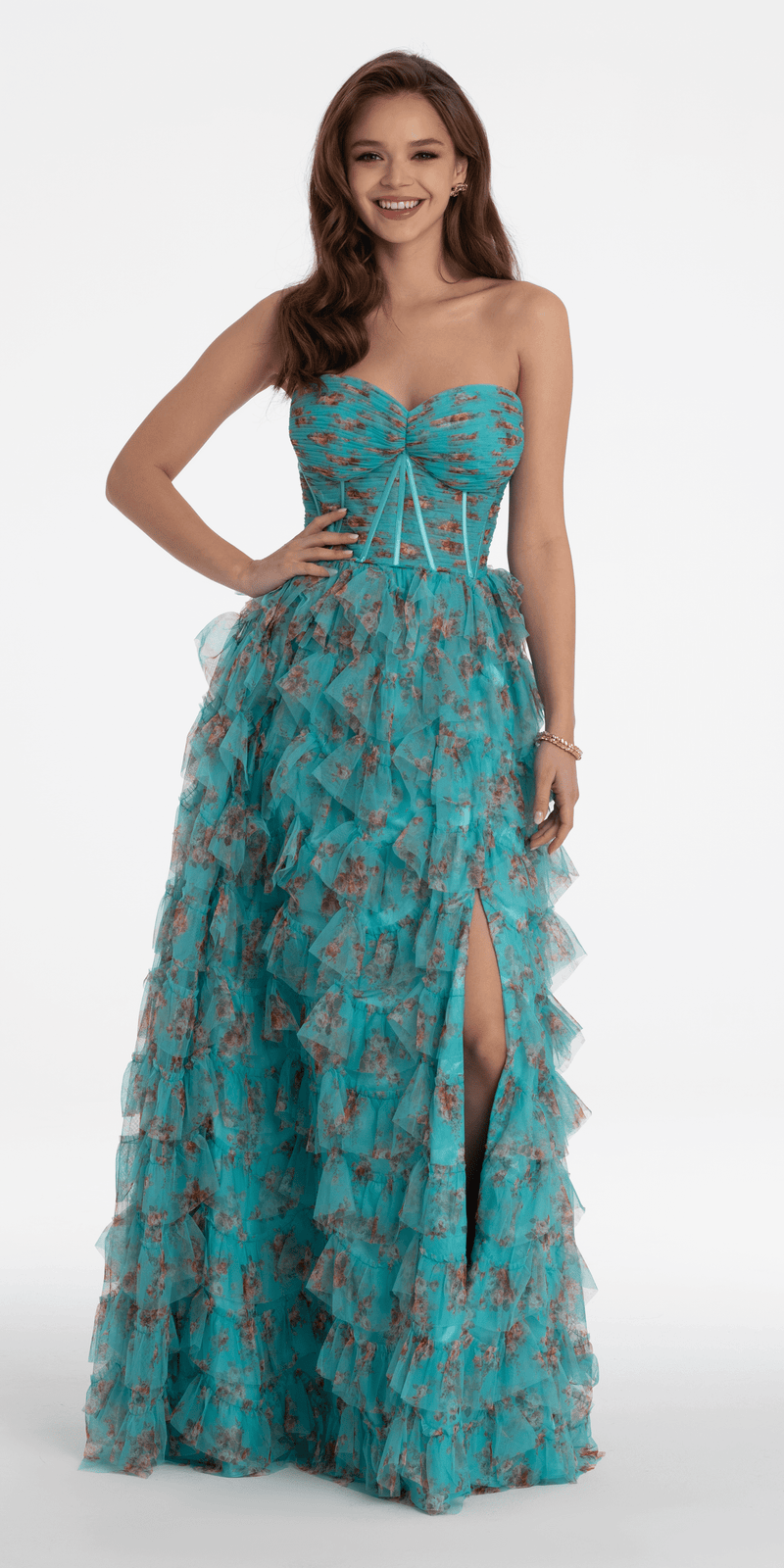 Sweetheart Ruched Print Mesh Tiered A Line Dress - Camille La Vie