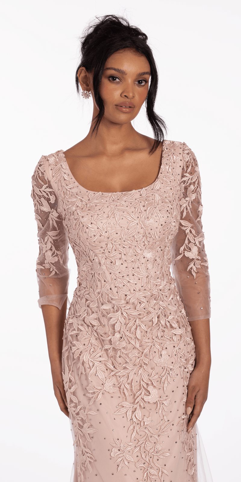 3/4 Sleeve Mesh Embroidered Column Dress with Heat Set Beads - Camille La Vie