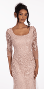 3/4 Sleeve Mesh Embroidered Column Dress with Heat Set Beads - Camille La Vie