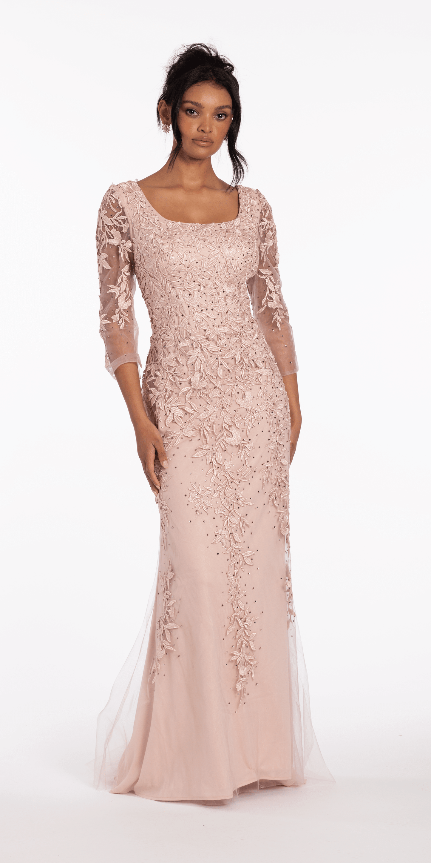 3/4 Sleeve Mesh Embroidered Column Dress with Heat Set Beads - Camille La Vie