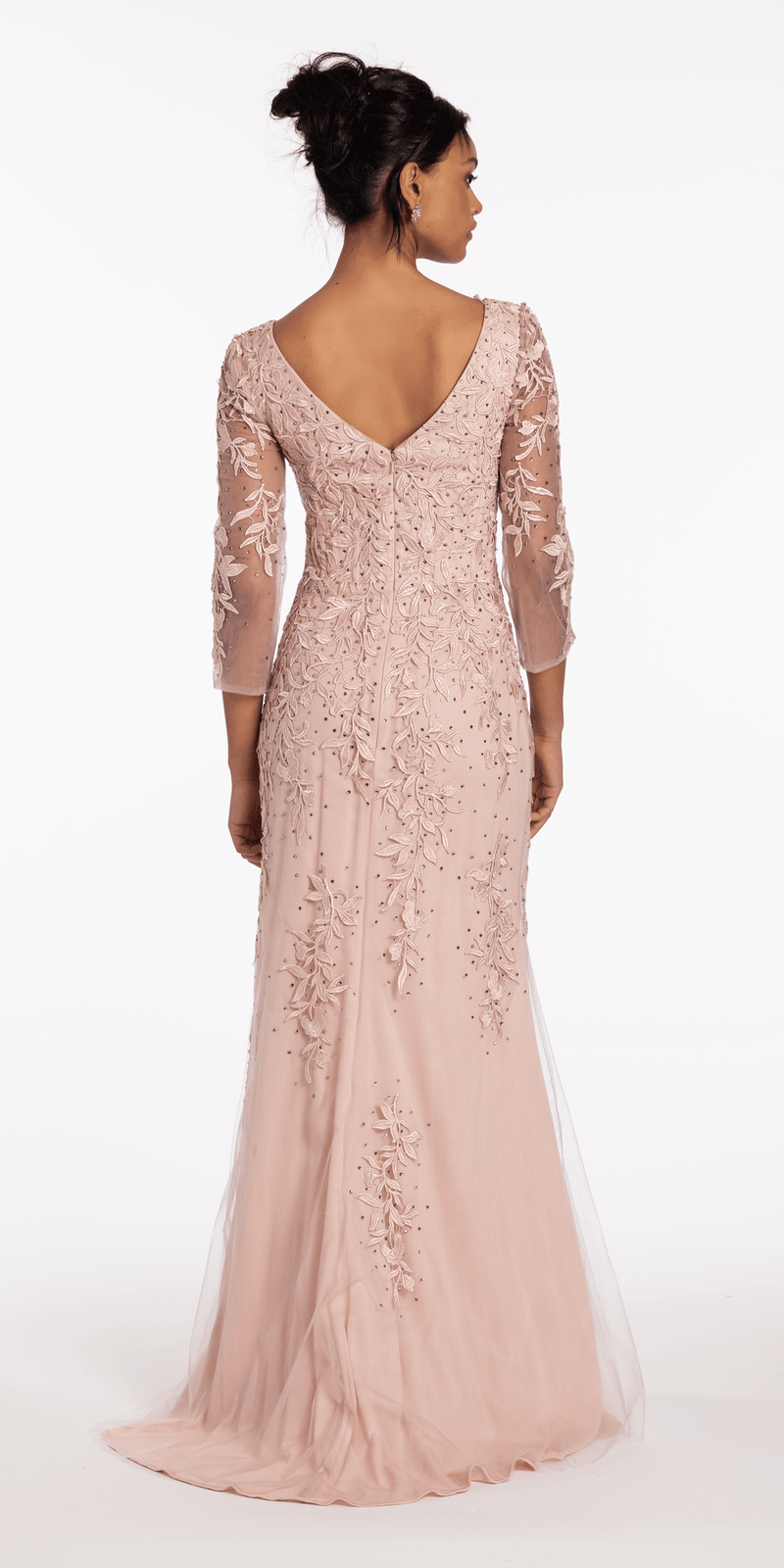 3/4 Sleeve Mesh Embroidered Column Dress with Heat Set Beads - Camille La Vie