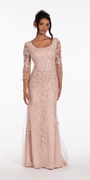 3/4 Sleeve Mesh Embroidered Column Dress with Heat Set Beads - Camille La Vie