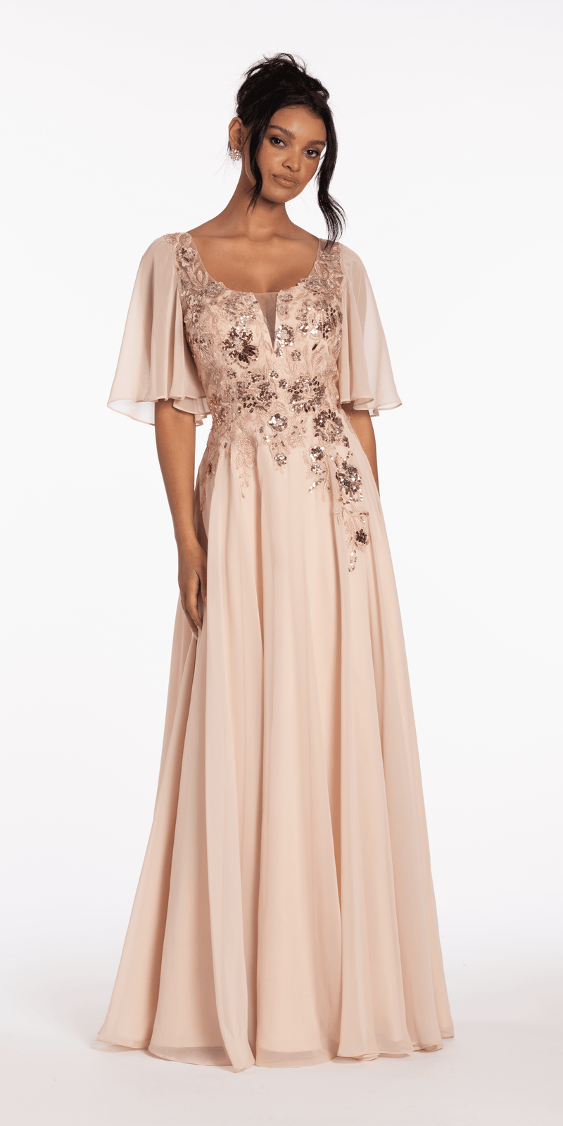Scoop Neck Chiffon Flutter Sleeve Embroidered A-line Dress - Camille La Vie