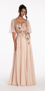 Scoop Neck Chiffon Flutter Sleeve Embroidered A-line Dress - Camille La Vie
