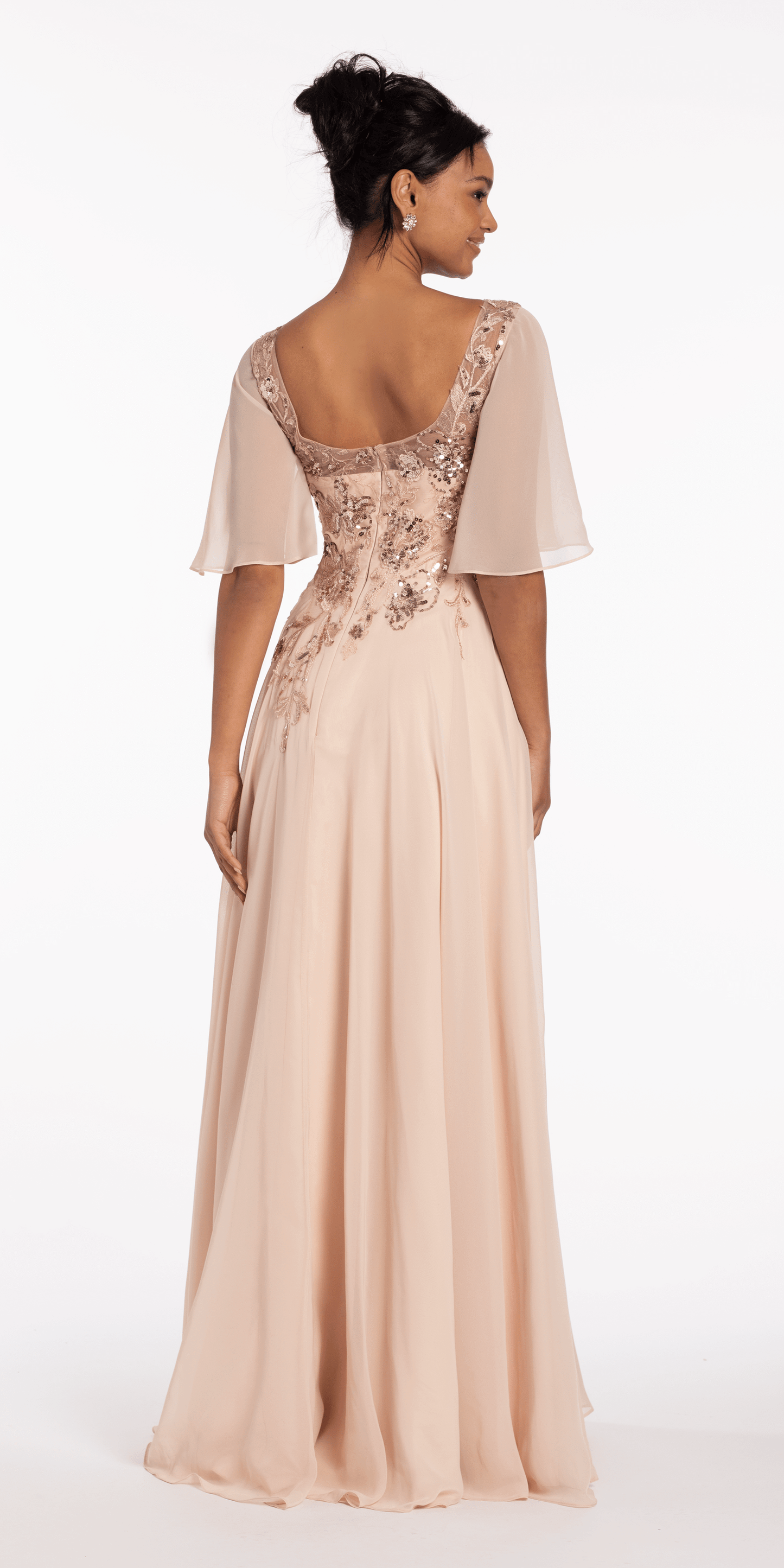 Scoop Neck Chiffon Flutter Sleeve Embroidered A-line Dress - Camille La Vie