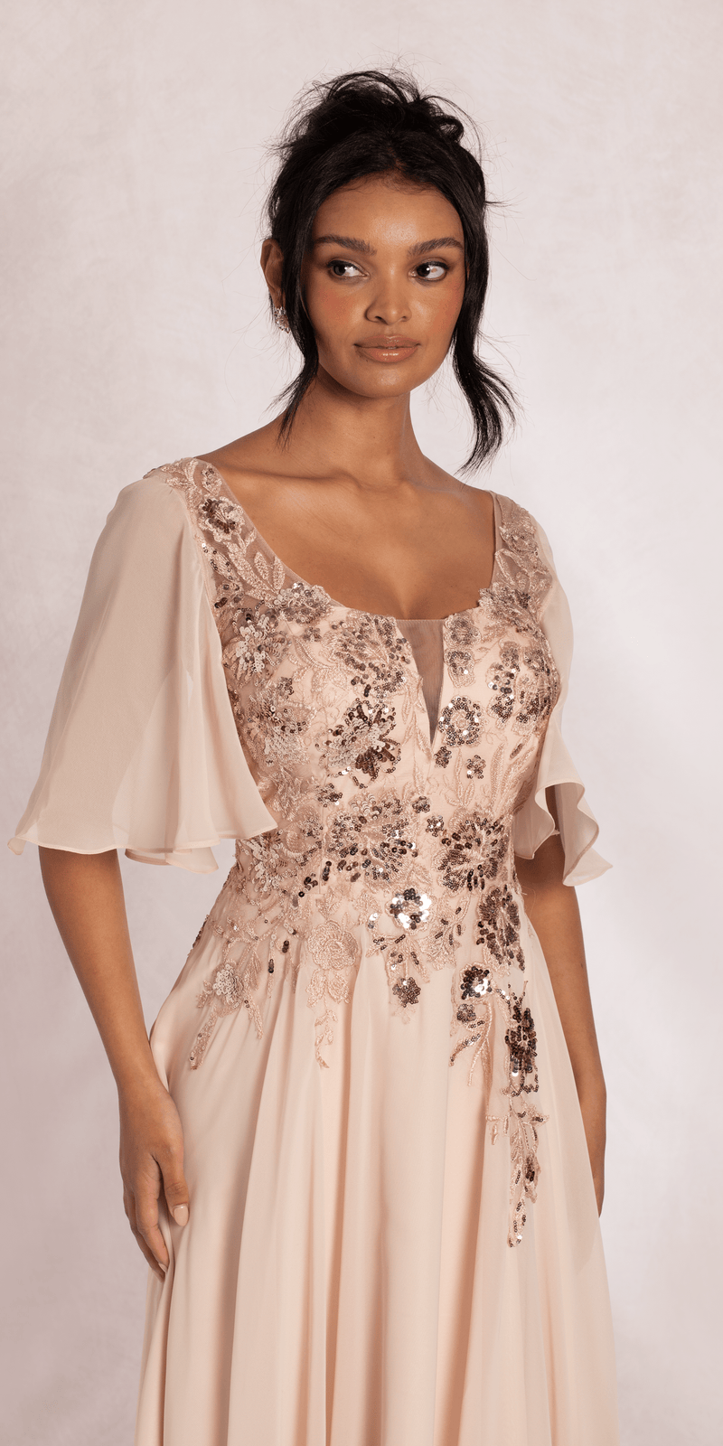 Scoop Neck Chiffon Flutter Sleeve Embroidered A-line Dress - Camille La Vie