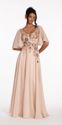 Scoop Neck Chiffon Flutter Sleeve Embroidered A-line Dress - Camille La Vie