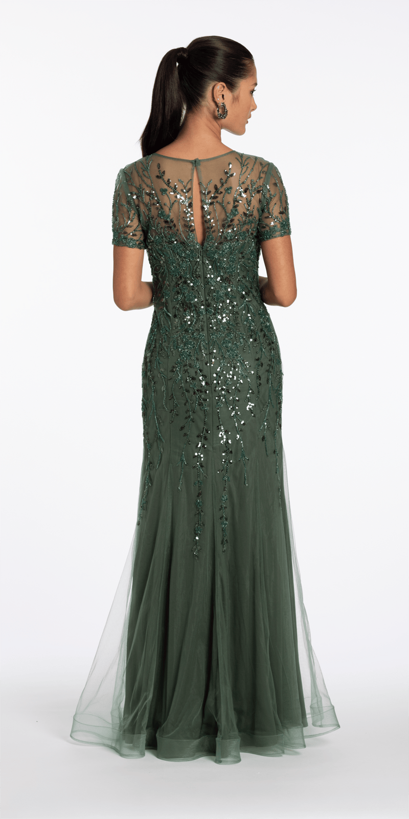 Camille La Vie Jewel Neck Embellished Short Sleeve Mesh Trumpet Dress