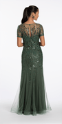 Camille La Vie Jewel Neck Embellished Short Sleeve Mesh Trumpet Dress