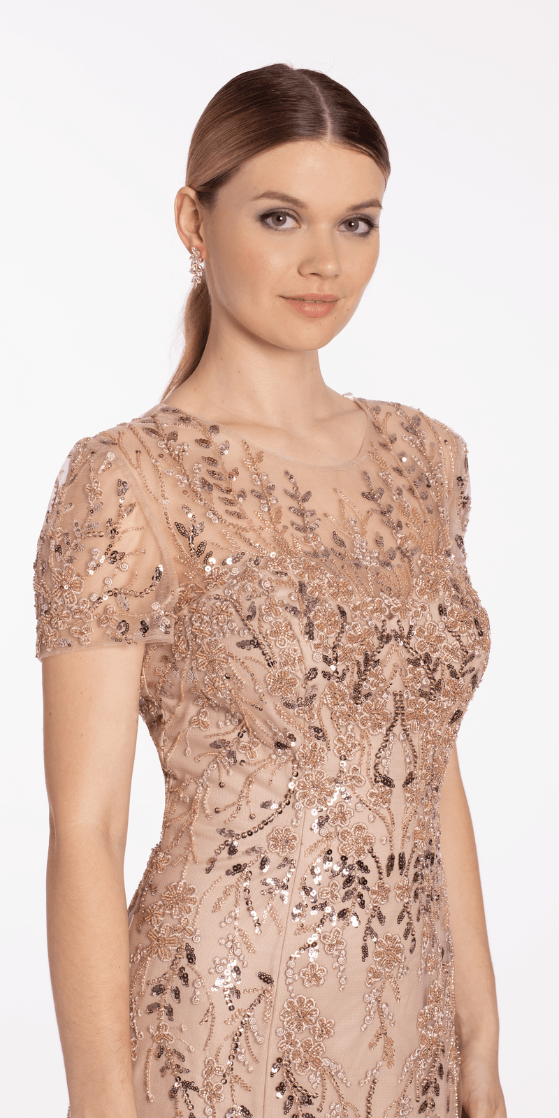 Jewel Neck Embellished Short Sleeve Mesh Trumpet Dress - Camille La Vie