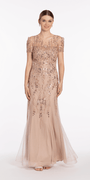 Jewel Neck Embellished Short Sleeve Mesh Trumpet Dress - Camille La Vie