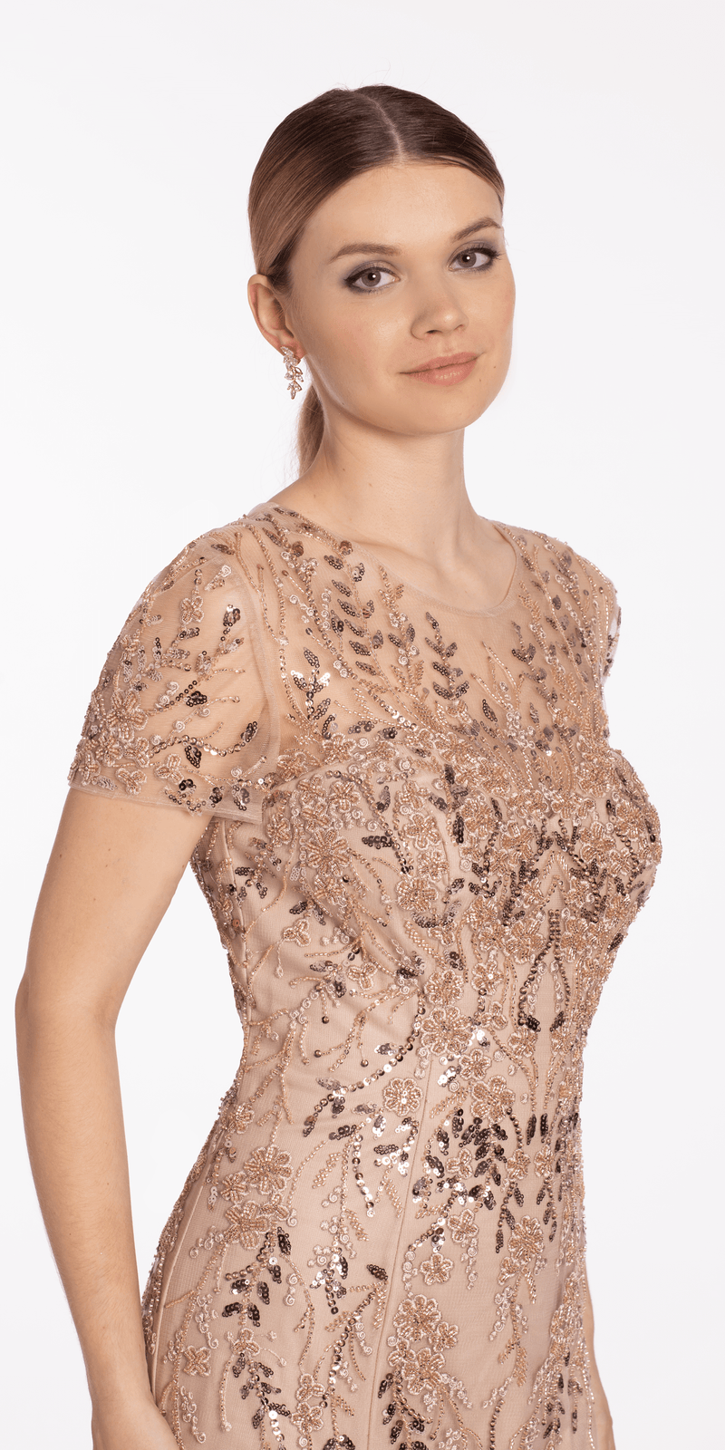 Jewel Neck Embellished Short Sleeve Mesh Trumpet Dress - Camille La Vie