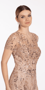 Jewel Neck Embellished Short Sleeve Mesh Trumpet Dress - Camille La Vie
