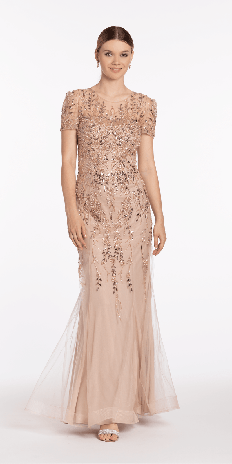 Jewel Neck Embellished Short Sleeve Mesh Trumpet Dress - Camille La Vie
