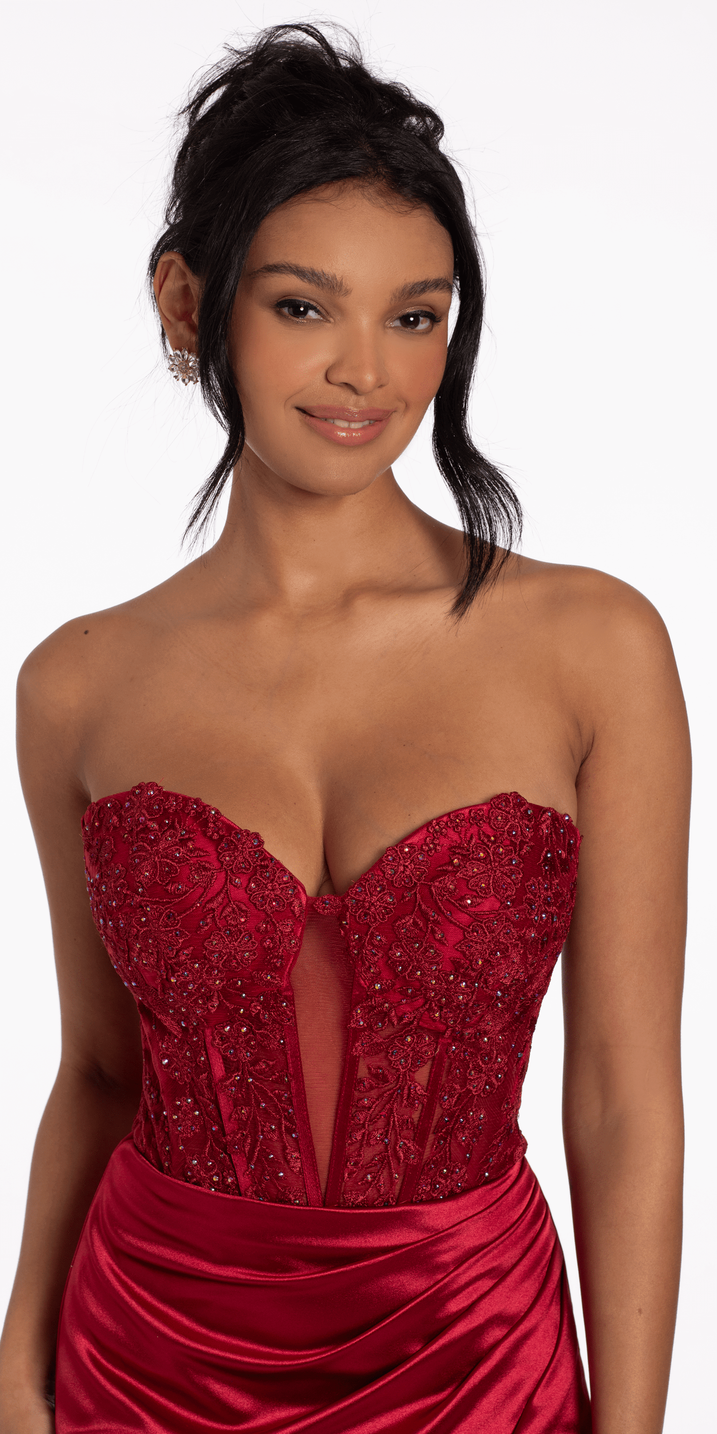 Lace Embroidered Strapless Satin Sweetheart Corset Bodycon Dress - Camille La Vie