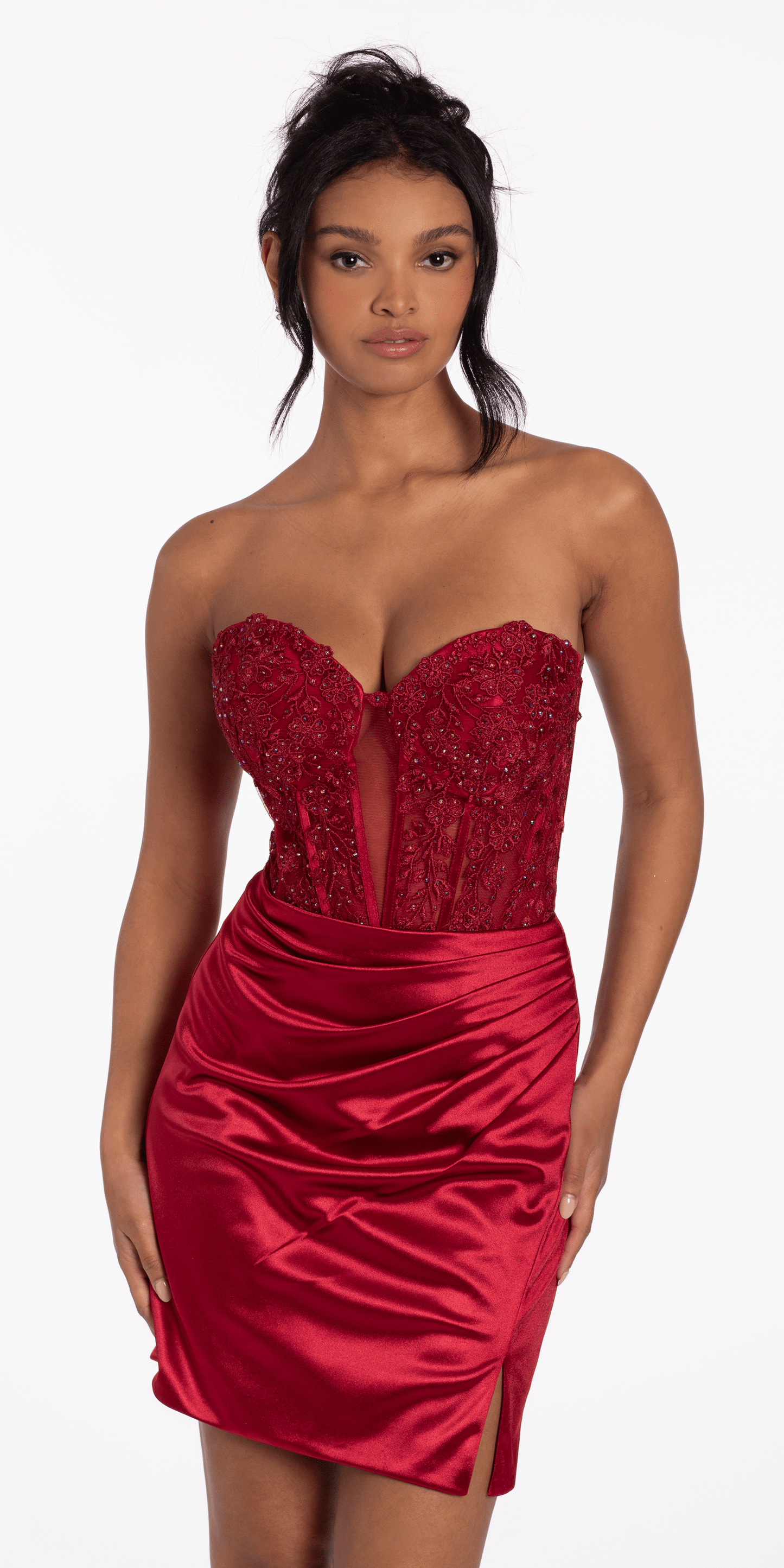 Lace Embroidered Strapless Satin Sweetheart Corset Bodycon Dress - Camille La Vie