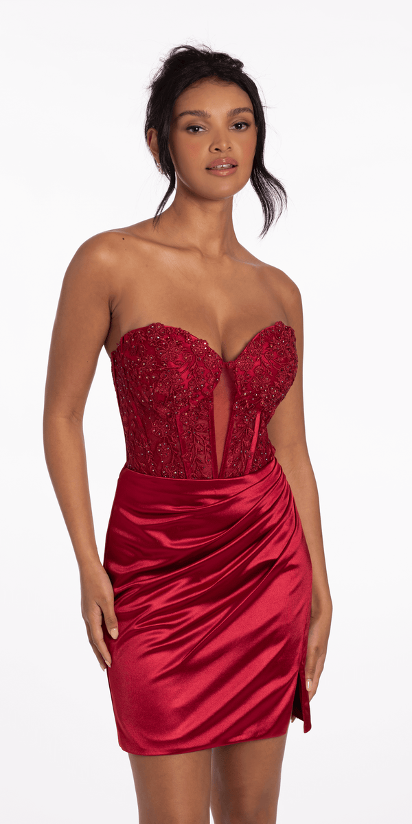 Lace Embroidered Strapless Satin Sweetheart Corset Bodycon Dress - Camille La Vie