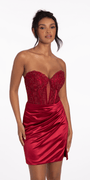 Lace Embroidered Strapless Satin Sweetheart Corset Bodycon Dress - Camille La Vie