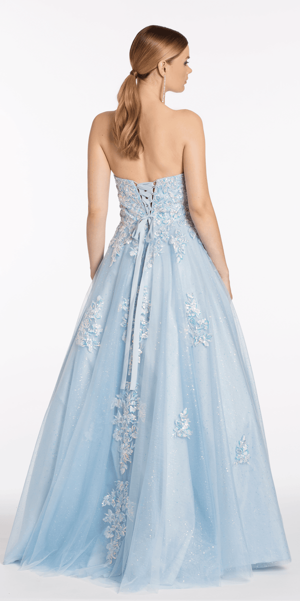 Strapless Embellish Glitter Ballgown with Floral Appliques - Camille La Vie