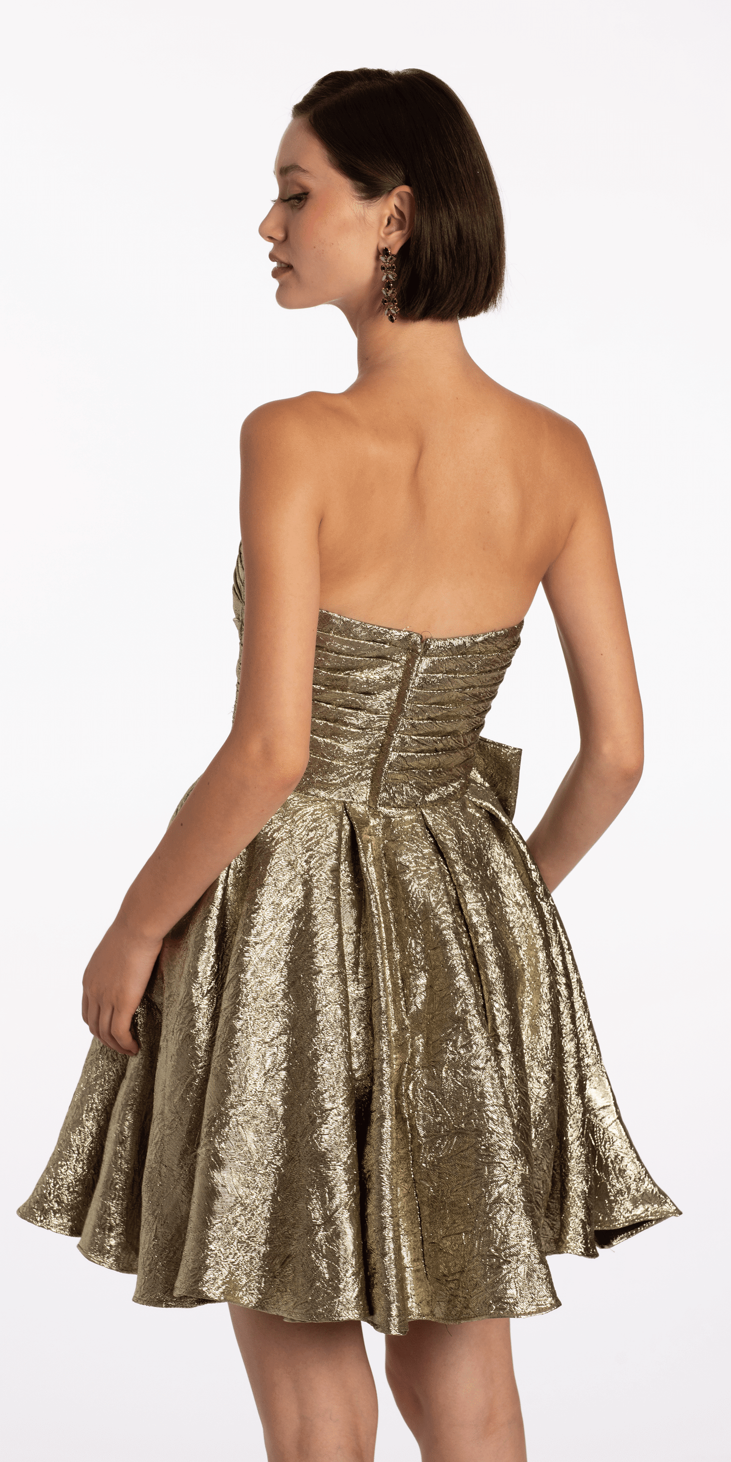 Metallic Crinkle Pleated Strapless Fit and Flare Dress with Bow - Camille La Vie