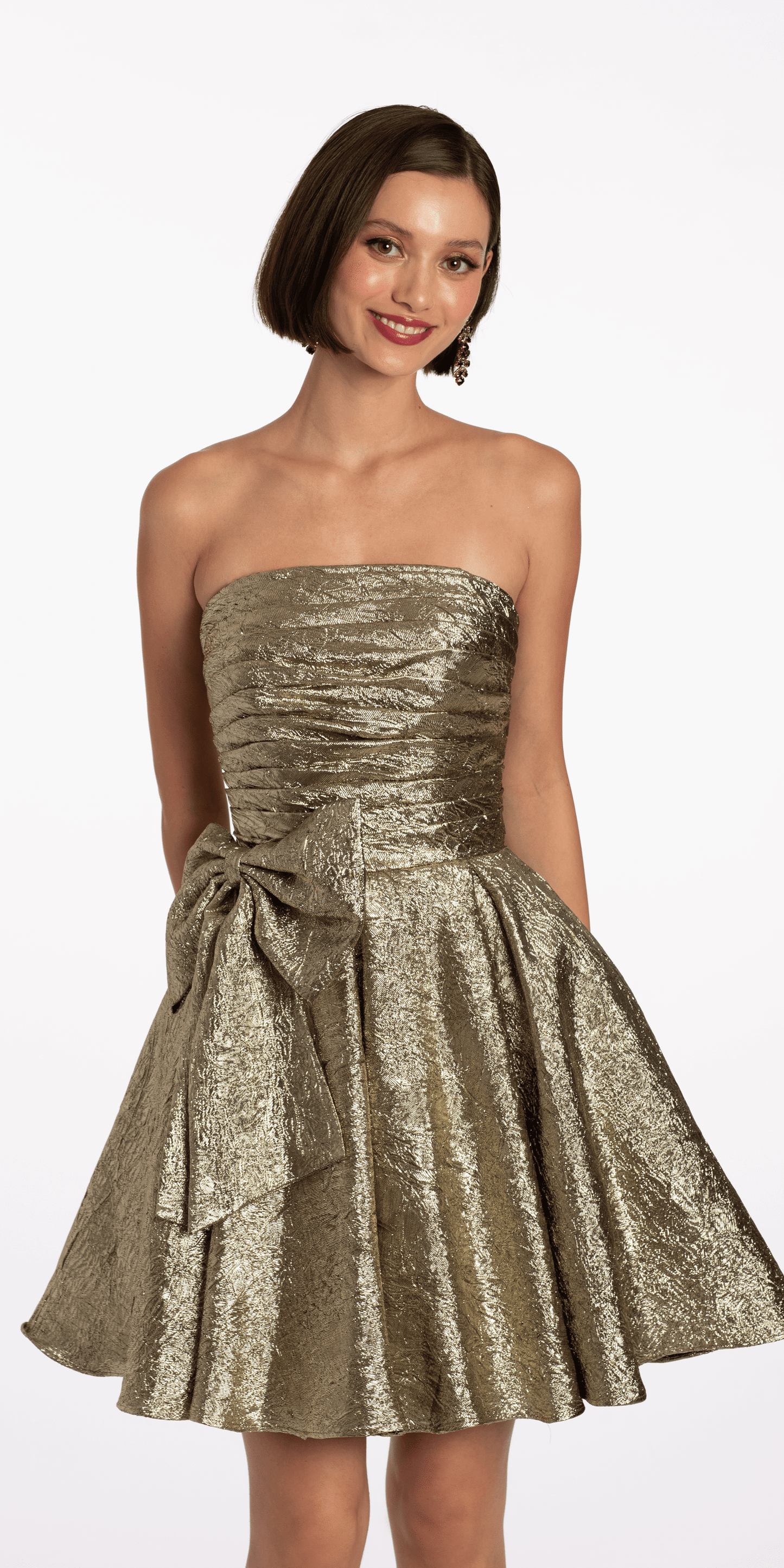 Metallic Crinkle Pleated Strapless Fit and Flare Dress with Bow - Camille La Vie