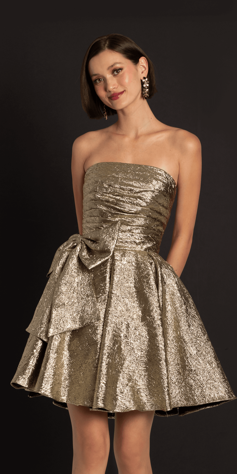 Metallic Crinkle Pleated Strapless Fit and Flare Dress with Bow - Camille La Vie