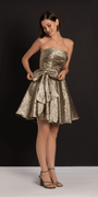 Metallic Crinkle Pleated Strapless Fit and Flare Dress with Bow - Camille La Vie
