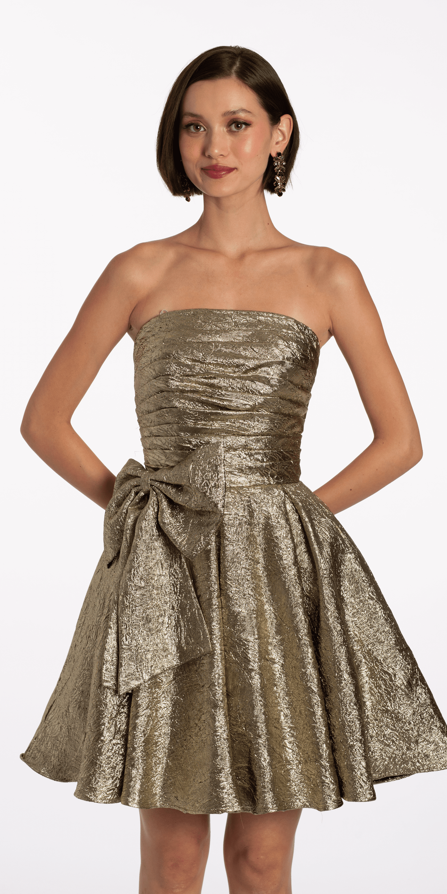 Metallic Crinkle Pleated Strapless Fit and Flare Dress with Bow - Camille La Vie